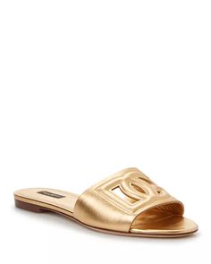 Dolce & Gabbana - Women's Cutout Logo Flat Slide Sandals Chic Gold Sandals For Galas, Designer Open Toe Sandals For Galas, Designer Gold Sandals For The Beach, Classic Gold Sandals For Summer, Gold Slides, Slides Sandals, Dream Shoes, Slide Sandals, Mule Shoe