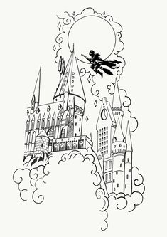 a black and white drawing of a castle with a wizard flying over it