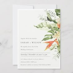 a wedding card with watercolor flowers and leaves on the front, in white paper