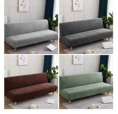 four different images of a couch in various colors