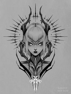 a black and white drawing of a woman with horns