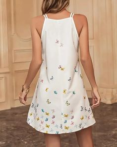 Lasaky - Butterfly Print Rhinestone Hollow Out Casual Dress White Units, Casual White Dress, Vestido Casual, Butterfly Print, Olivia Mark, Halter Dress, Casual Dress, Sleeveless Dress, White Dress