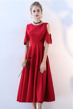 Burgundy Midi Length Party Dress Simple with Sleeves - $69.3 #BLS86055 - SheProm.com Red A-line Summer Evening Dress, Red A-line Midi Dress For Banquet, Red A-line Mini Dress For Banquet, Solid Color Short Sleeve Midi Dress For Banquet, Red Midi Dress For Wedding Party, Red Midi Dress For Wedding Party Season, Red Knee-length Evening Dress, Red A-line Dress For Party Season, Red Midi Dress For Banquet