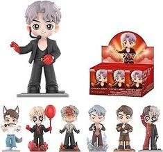 the figurines are all in different styles and sizes, including one with grey hair