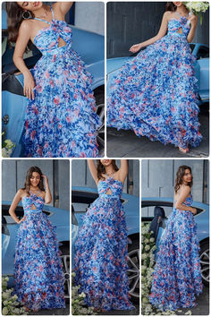 acelimosf™-Halter neck printed butterfly hollow holiday style long skirt Floral Print Flowy Evening Skirt, Flowy Floral Print Evening Skirt, Blue Floral Print Full Skirt, Luxury Flowy Floral Print Maxi Skirt, Style Long Skirt, Voluminous Floral Print Full Maxi Skirt, Classy Fashion, Holiday Style, Pinterest Fashion