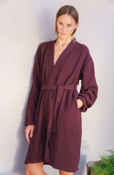 Made from soft cotton double-gauze, this robe waits indulgently for you to slip into and unwind at the end of your day. 39 1/2" length (size Small/Medium) Shawl collar Removable tie belt 100% cotton Machine wash, tumble dry Made in Turkey House Dressing, House No, Long Day, Double Gauze, Organic Cotton Fabric, Shawl Collar, Kimonos, Waist Tie, Summer Sale