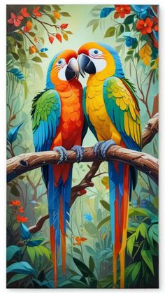 two colorful parrots sitting on top of a tree branch in front of leaves and flowers