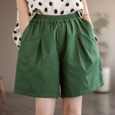 Details: Gender: Women Item Type: Shorts Material: Cotton Season: Summer Pattern: Solid Style: Casual, Loose, Retro Waist Type: Elastic Waist Size: One Size Waist: 68.00 - 106.00 cm/ 26.77 - 41.73 " Length: 45.00 cm/ 17.72 " Hip: 116.00 cm/ 45.67 " Thigh: 74.00 cm/ 29.13 " Green Wide Leg Shorts With Pockets, Green Wide-leg Shorts With Pockets, Casual Green Wide Leg Shorts, Cotton Wide Leg Shorts In Solid Color, Short Green Cotton Bottoms, Green High-waisted Cotton Shorts, Green Solid Color Shorts For Summer, Casual Solid Color Knee-length Shorts, Relaxed Fit Cotton Shorts In Solid Color