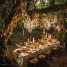 an outdoor dinner table with chandeliers hanging from the trees and candles lit up