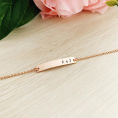 Our double initials petite bar bracelet is elegant, sweet and simple all rolled into one. Petite bar measures 31 x 5mm. Each bracelet is fitted with a lobster clasp. 14k Gold filled, 14k Rose gold filled or Sterling Silver. Handcrafted in Australia. Each piece is hand stamped & there may be slight variations such as with the letter alignment or spacing - this is not a defect but is part of what makes each piece uniquely you! HOW TO ORDER Select your Metal choice. Select a bracelet length (6", 7" Dainty Rose Gold Name Bracelet With Initials, Minimalist Rose Gold Bracelet With Custom Name, Minimalist Rose Gold Name Bracelet For Personalized Gift, Rose Gold Bracelets With Initials For Everyday, Minimalist Rose Gold Name Bracelet With Initials, Dainty Rose Gold Custom Name Bracelet, Everyday Rose Gold Bracelets With Initials, Minimalist Rose Gold Initials Name Bracelet, Minimalist Custom Name Bracelet