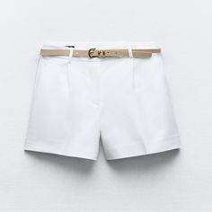 * Sold Out Online* Nwt, Never Worn Zara White Belted Shorts With Darts In A Size Small. Shorts Have A Mid Waist With Camel Colored Faux Leather Belt And Front Pleats. Front Pockets And Back False Welt Pockets. Front Zip, Inner Button, And Metal Hook Closure. White Shorts With Belt, Shorts With Belt, Small Shorts, Suede Shorts, Feminine Fashion, Crochet Shorts, Zara Shorts, Tailored Shorts, White Belt