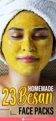 woman with yellow face pack, besan face pack, turmerix face mask Face Pack At Home, Face Pack For Glowing Skin, Pack For Glowing Skin, Glowing Clear Skin, Homemade Face Pack, Pimples On Face, Glowing Skin Mask