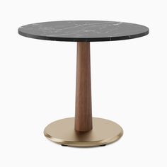 a round table with a wooden base and black marble top, against a white background