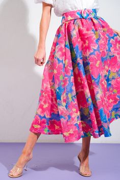 A printed woven full midi skirt featuring back zipper closure and self belt Details: Self : 100% PolyesterLining: 100% Polyester Size & Fit - Model is 5`8" And Wearing Size Small- Measurements Taken From Size Small- Approx. Length: 34" Multicolor Lined Midi Length Skirt, Multicolor Midi Length Skirt With Lining, Multicolor Midi-length Skirt With Lined Detail, Multicolor Midi Length Skirt With Lined Skirt, Pink Full Skirt With Elastic Waistband, Summer Blue Belted Skirt, Blue Belted Skirt For Summer, Belted Blue Skirt For Summer, Spring Pink A-line Bottoms