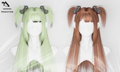 two wigs with long hair are shown in three different colors and styles, one is light green and the other is dark brown