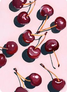 a painting of cherries with toothpicks sticking out of the top, on a pink background