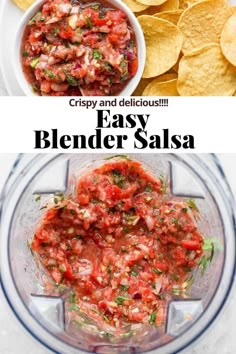 a blender filled with salsa and tortilla chips next to the recipe title