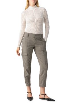 A mini houndstooth pattern adds polished style to these cropped pants popped with on-trend cargo pockets for a utility-inspired touch. 28" inseam; 13" leg opening; 10 1/2" front rise Zip fly with hook-and-bar closure Front slant pockets; back flap pockets; cargo flap-patch pockets 100% polyester Machine wash, line dry Imported Fall Mid-rise Cargo Pants With Patch Pockets, Fitted Pants With Side Pockets For Fall, Fall Fitted Utility Pants, Utility Style Stretch Bottoms For Work, Fitted Cargo Pants With Cargo Pockets For Workwear, Fitted Bottoms With Cargo Pockets For Workwear, Stretch Utility Bottoms For Workwear, Fitted Utility Bottoms With Flap Pockets, Mid-rise Cargo Pants With Patch Pockets For Workwear