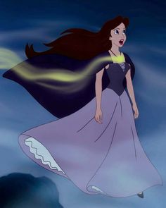 an animated image of a woman flying through the air with her hair blowing in the wind