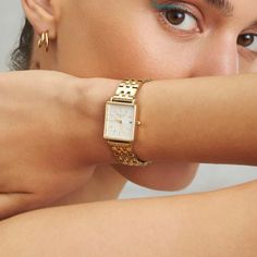 The Boxy XS Gold Engraved | Rosefield Official Rectangle Watch, Watch Engraving, Gold Watches Women, Instagram Style, Gold Engraving, Rachel Zoe, Gold Case, Beautiful Watches, Coin Necklace