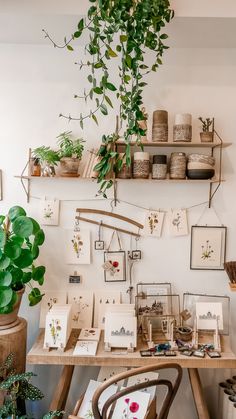 a wooden table topped with lots of plants next to shelves filled with potted plants