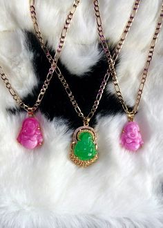 Pink Buddha pendants. Green Buddha pendants. 18k gold plated Figaro chain. Pink Buddha, Green Buddha, Love Abundance, Attract Love, Bamboo Earrings, Om Symbol