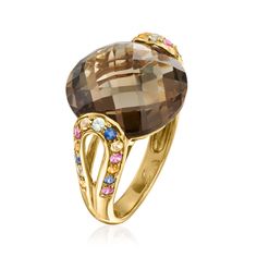 Ross-Simons - 11.00ct Smoky Quartz Ring, .60ct t. w. Multicolored Sapphires Over Sterling. Size 6. Sultry and unique are the best ways to describe this well-priced statement ring! A chocolatey 11.00 carat round smoky quartz captures attention, as .60 ct. t. w. round multicolored sapphires sparkle at each side in rich, unexpected hues. Finely crafted in polished 18kt yellow gold over sterling silver. 5/8" wide. Multicolored sapphire and smoky quartz ring. Multicolor Oval Diamond Ring For Formal Occasions, Formal Multicolor Brilliant Cut Rings, Formal Multicolor Diamond Ring With Accent Stones, Formal Multicolor Oval Diamond Ring, Elegant Multicolor Brilliant Cut Rings, Elegant Multicolor Round Cut Rings, Elegant Multicolor Diamond Ring As A Gift, Multicolor Elegant Diamond Ring For Formal Occasions, Elegant Multicolor Diamond Ring As Gift