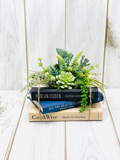 three books stacked on top of each other with succulents and plants in them