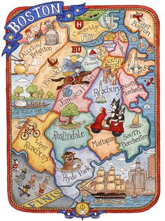 the boston map is shown in red, yellow and blue with cartoon characters on it