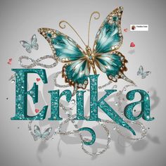 the words friska are made up of butterflies and jewels on a gray background