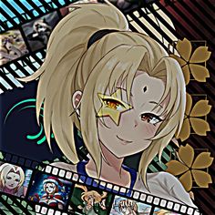 an anime character with blonde hair and yellow eyes is looking at the camera, surrounded by other characters