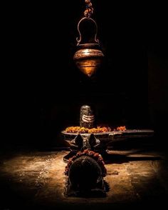 a person sitting in the dark with a lamp hanging above their head and food on a plate