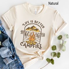 Camping Shirts, Group Camper T Shirts, Hiking Outdoor Adventure Shirts, Family Camp Tees for Outdoor Travel, RV Life, Matching Vacation Tee -- makes a great gift for the whole family! Looking for additional outdoor apparel? Check these out: https://www.etsy.com/shop/TheGraphicPeach?ref=seller-platform-mcnav§ion_id=31675954 Our shop uses direct-to-garment printing to make our products. The design ink is sprayed on, then allowed to soak into the fibers of the garment. This process yields fine quality prints and a smooth finish on the garment. BELLA + CANVAS T SHIRT The Bella + Canvas 3001 t-shirt feels soft and light, with just the right amount of stretch. It's comfortable and the unisex cut is flattering for both men and women. We can't compliment this shirt enough - it's one of our crowd f Affordable Khaki Camp Shirt For Summer, Affordable Blue Printed Camp Shirt, Camp Tshirt Designs, Adventure Shirts, Bar Shirt, Camping Shirts, Camping Tee, Family Vacation Shirts, Cute Shirt Designs