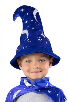 Wizard Hat Royal Blue – Little Adventures Prince Cape, Wizard Cape, Blue Wizard, Magical Spells, Moon And Star Design, Adventure Hat, Prince Costume, Wizard Hat, Kids Dress Up