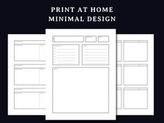 three pages with the text print at home minimal design on top and bottom, in black background