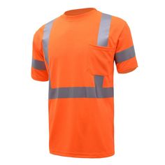 an orange safety t - shirt with reflective tape on the chest and pocket at the front