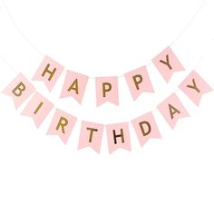 pink and gold happy birthday bunting banner on a white background with the words happy birthday