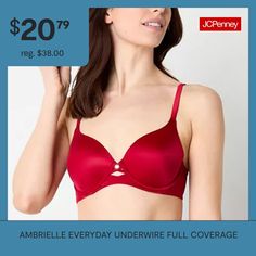 Deemed a Gotta-Have-It item for value you can count on every day! New & improved fit in your favorite go-to everyday support full coverage underwire bra. Softer elastics and a more forgiving band to give you all-day comfort.Our popular full-coverage bra by Ambrielle everyday is better than ever with super-soft microfiber and lightly lined underwire cups for comfort and gentle support. Perfect for a smooth look under your t-shirts, our full-figure bra complements your shape while providing e… Coverage Bras, Full Coverage Bra, Bra Types, Full Figured, Underwire Bra, Every Day, Bra, Band, Red