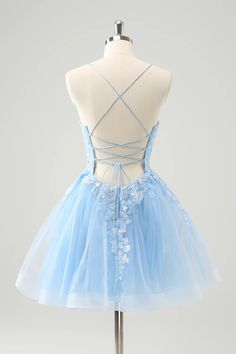 Amzcw Sparkly Blue A Line Spaghetti Straps Sequin Short Homecoming Dress with Lace Up Back Short Quince Dresses Blue, Blue Grad Dresses Short, Light Blue Prom Dress Short, Short Grad Dresses, Blue Homecoming Dresses Short, Hoco Court, White Jumpsuit Wedding, Hoco Ideas, Wedding Pants