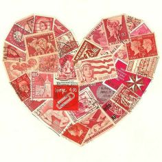 a heart made out of postage stamps on a white background with the word love written in red