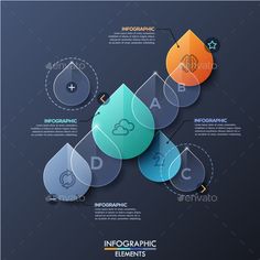 an info graphic design with water drops and arrows on the dark background - technology conceptual