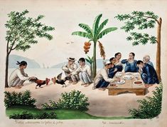 a painting of people sitting at a picnic table on the beach, eating and drinking