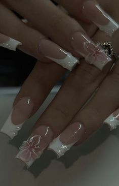 Ethereal Nails Square, Nail Ideas White French Tip, Gel Ex Nails, Jelly Flower Nails, White French Tip Nails With Design Ideas, White French Nails Design, Orchid Nails