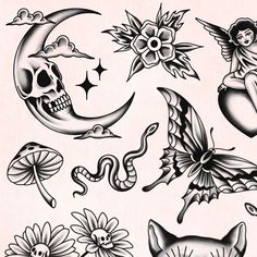 an assortment of tattoo designs on a white background