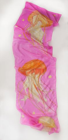 "HAnd painted silk scarf- Jellyfish dance. Silk scarf in fuchsia and orange. PAinted silk scarf. Bright summer scarf hand painted. Long fashion scarf. Fuchsia fashion scarf. Designer scarves Trendy scarves. Ocean, sea shawl, scarf. August Birthday gifts, Pink silk scarf with ocean motives. Silk painting. Neon scarves. ♥This bright, unique scarf is 17 by 71 inches and paint on pure silk! Luxury silk scarf painted. ♥Washing by hand in cold water. I never use stencils or guides.All my scarves are o Summer Purple Silk Scarf, Artistic Pink Silk Scarf For Summer, Pink Artistic Scarves For Summer, Pink Silk Scarf For Summer Beach, Pink Silk Scarf For Summer, Orange Silk Scarf For Summer Gift, Artistic Beach Scarves For Summer, Artistic Summer Beach Scarves, Pink Silk Scarf For Summer Gift