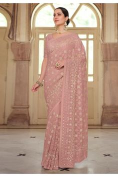 Latest Saree Designs Party Wear, Saree Designs Party Wear Wedding, Pastel Pink Party, Georgette Saree Party Wear, Saris Indian, Latest Saree Designs