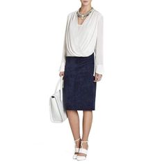 Take your look seamlessly from work to play with this elegant pencil skirt. High-rise waist. Elasticized waistband. Seams at front. Pencil silhouette. Exposed center back zipper closure. Novelty: Polyester, Spandex. Machine Wash. Chic Stretch Pencil Mini Skirt, Sleek Spring Formal Pencil Skirt, Office Lady Pencil Skirt For Workwear, Versatile Mini Skirt Bottoms For Work, Office Lady Mini Skirt For Work, Elegant Knee-length Bottoms For Workwear, Chic Stretch Denim Skirt, Sleek Office Skirt With Lining, Chic Stretch Skirt