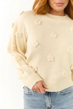 Cream Knit Floral Applique Sweater | Lime Lush Boutique Trendy Spring Sweater With Ribbed Collar, Ribbed Cotton Knit Top For Fall, Spring Knit Top With Ribbed Cuffs, Spring Crew Neck Knit Top With Ribbed Cuffs, Spring Knit Top With Ribbed Collar, Spring Knit Tops With Cozy Fit, Trendy Knit Top With Ribbed Collar For Spring, Spring Cozy Fit Knit Tops, Cozy Fit Knit Tops For Spring