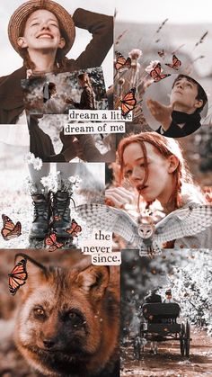 a collage of photos with the words dream and butterflies on them, including a dog