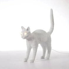 a white cat with glowing eyes is standing on the floor in front of a white background